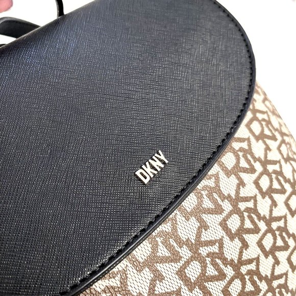 NWT DKNY Bryant Signature Backpack Bag Brown Beige Monogram Logo Flap Closure